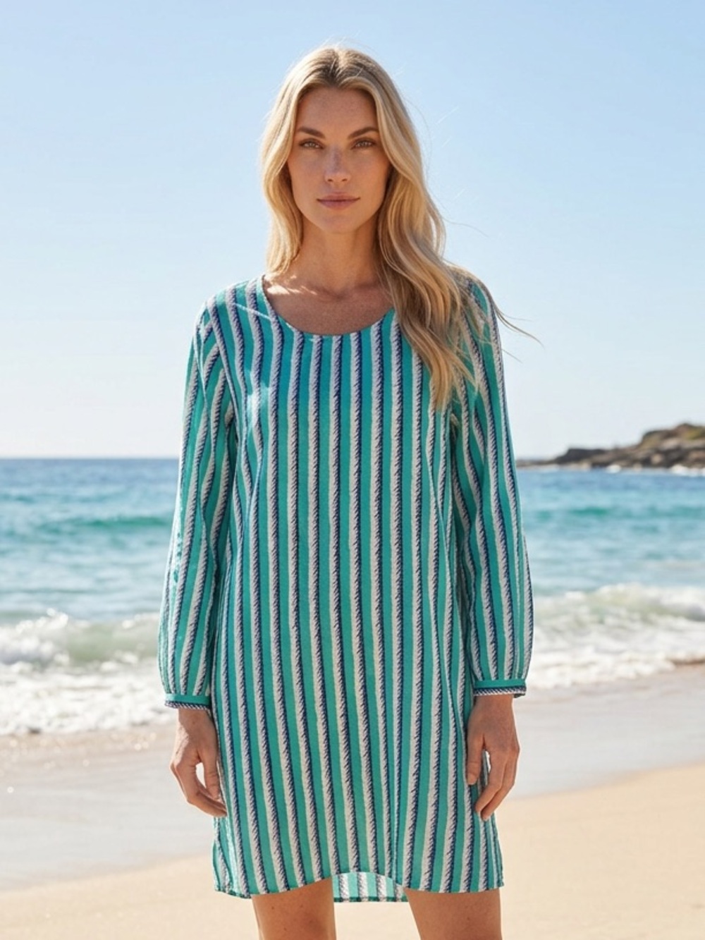 Striped Teal and White Long-Sleeve light 💯 silk Dress